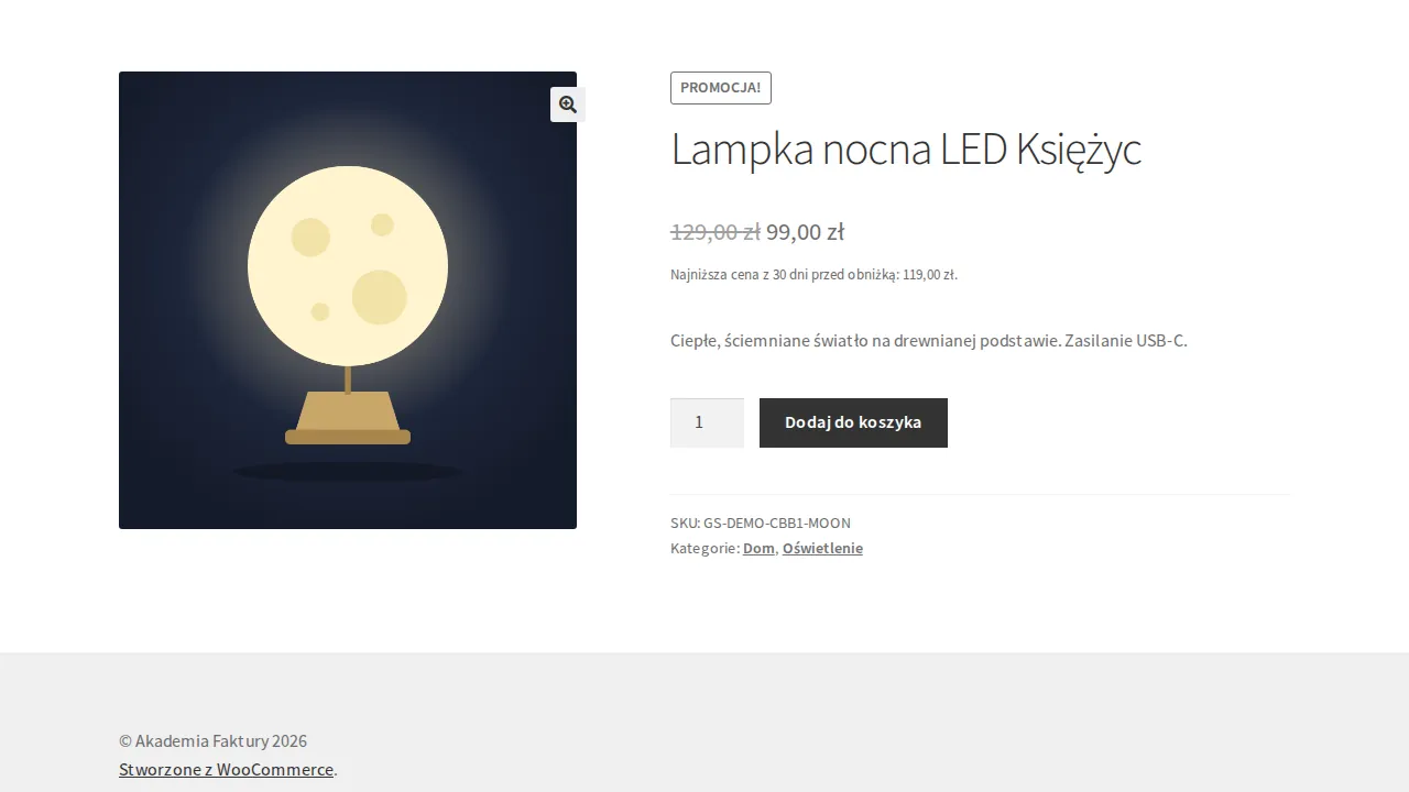 Karta lampki w motywie Storefront: cena 99 zł zamiast 129 zł i dopisek Najniższa cena z 30 dni przed obniżką: 119,00 zł.