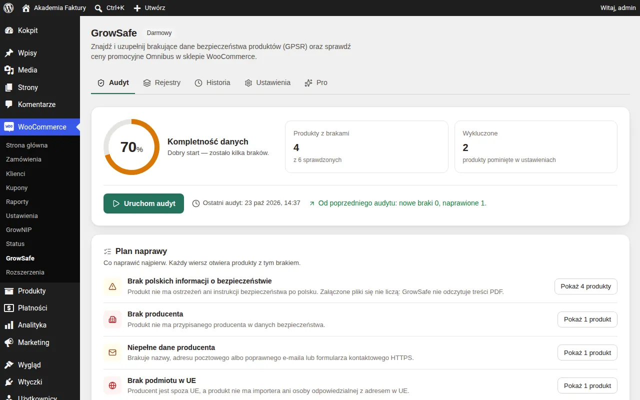Ekran WooCommerce → GrowSafe: kompletność danych 70% i podsumowanie ostatniego audytu.