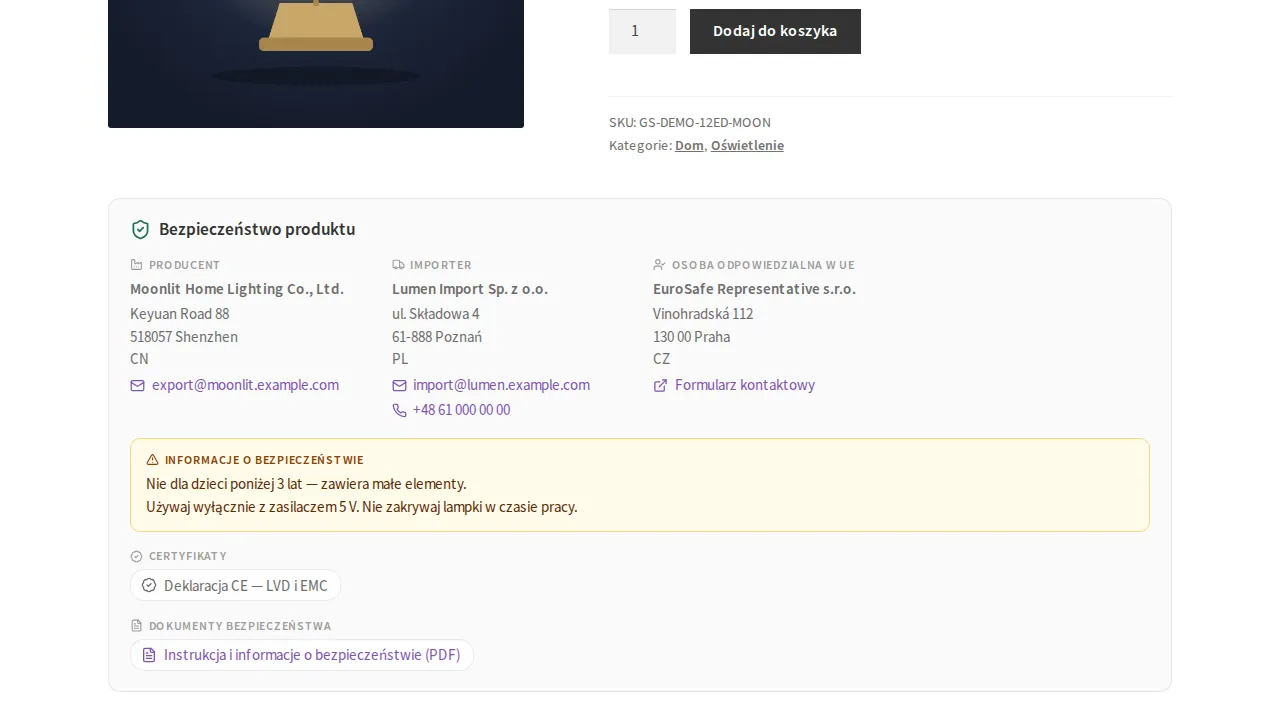 Karta lampki nocnej w motywie Storefront z sekcją Bezpieczeństwo produktu: producent, importer, osoba odpowiedzialna w UE, ostrzeżenia i dokumenty.