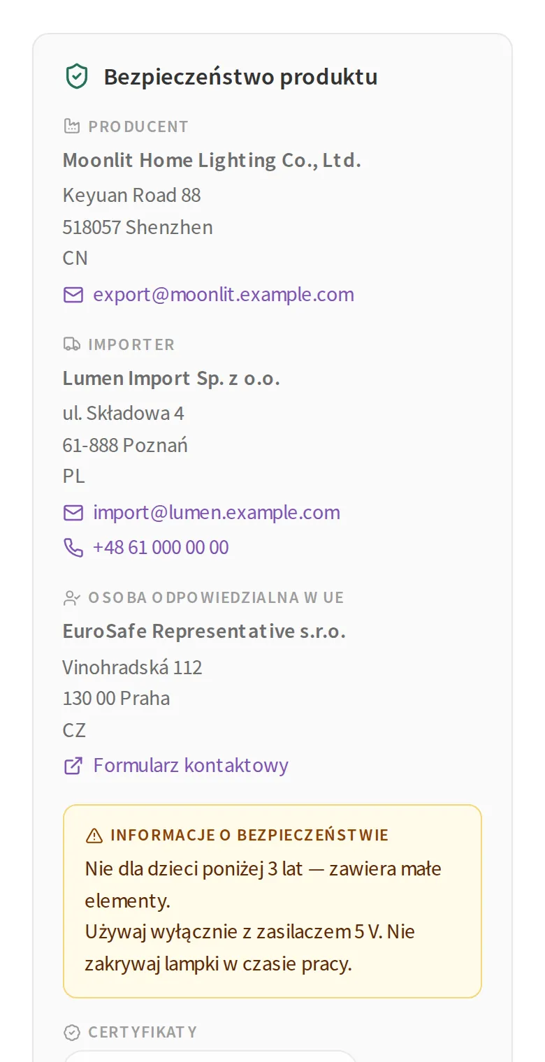 Sekcja Bezpieczeństwo produktu na telefonie.